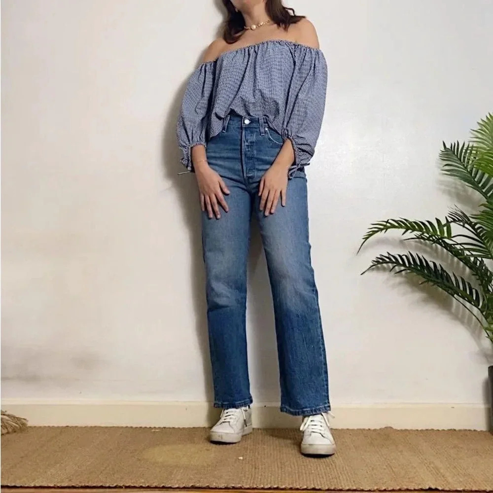 Zara Gingham Checkered Blue White Off Shoulder Cropped Top Tie Sleeves size XS - Picture 10 of 10